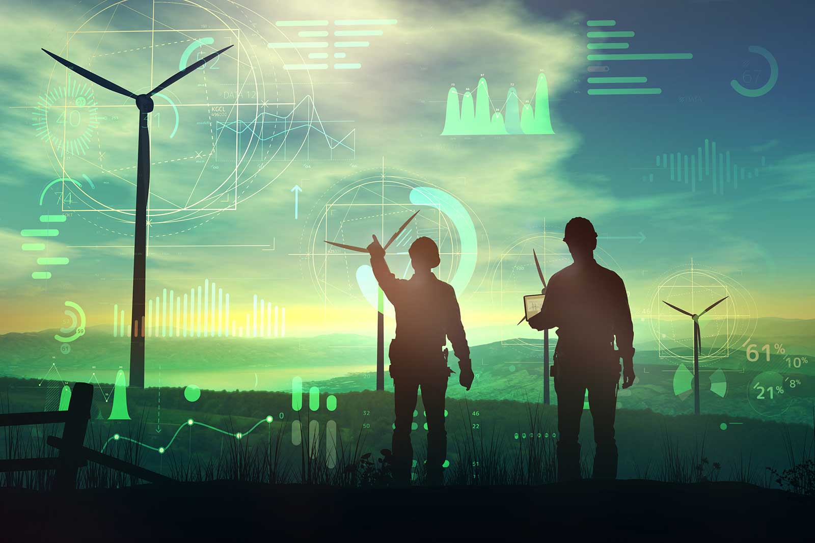 Silhouettes of two engineers observing wind turbines with digital graphs and data in the background at sunset.