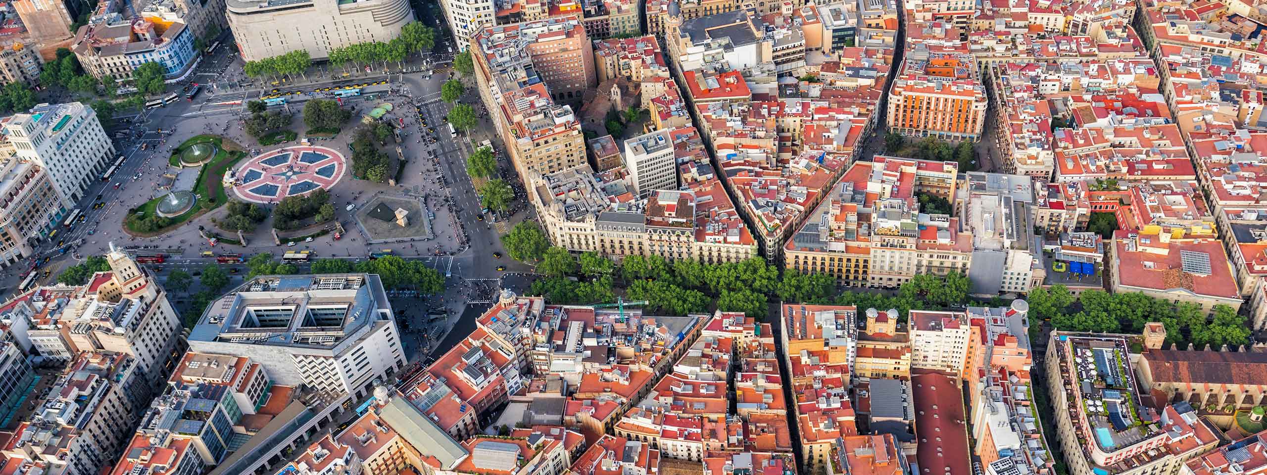 Aerial view of a vibrant urban area featuring diverse buildings, green trees, and bustling streets in a city.