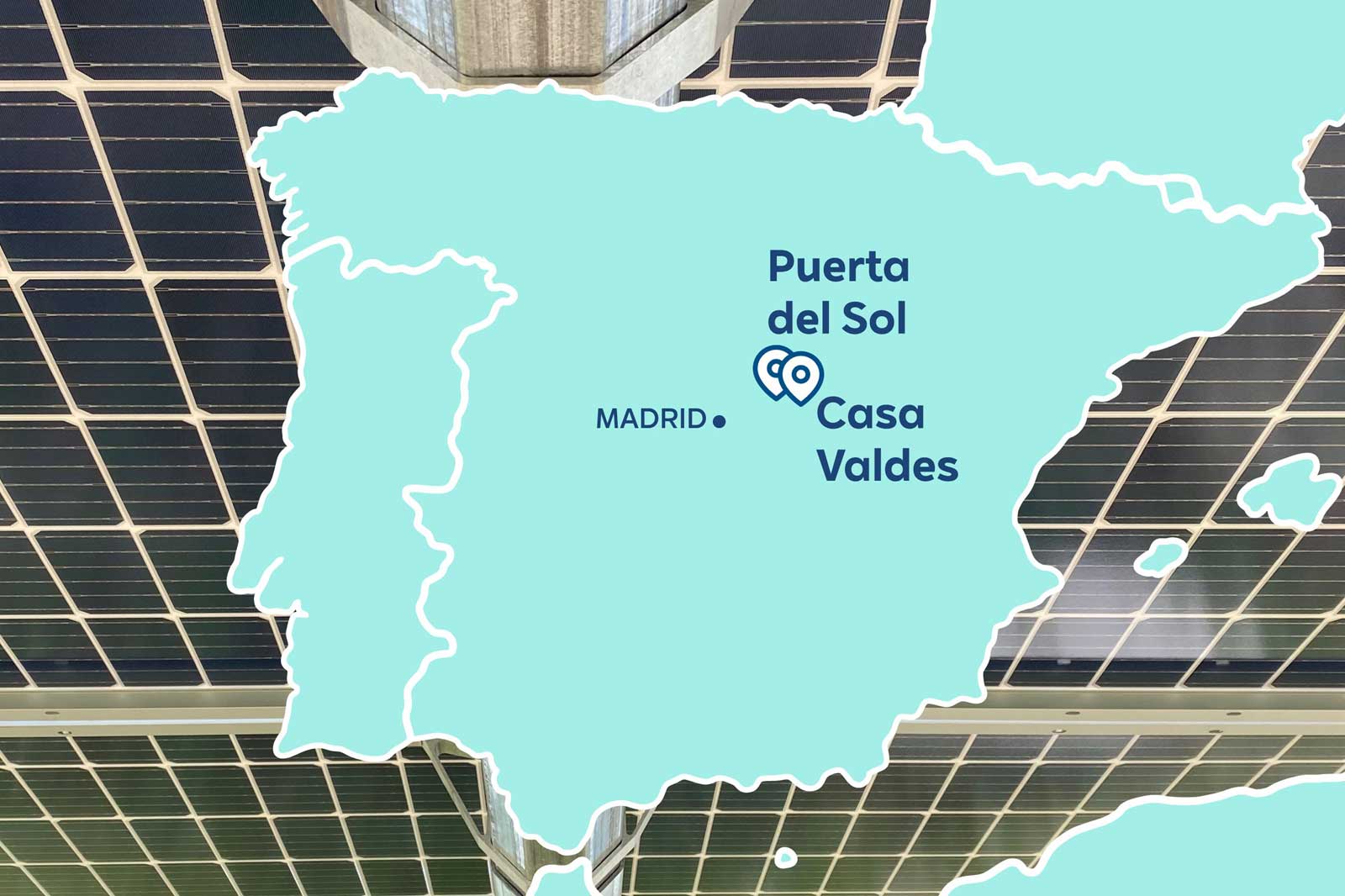A map of Spain highlighting Puerta del Sol and Casa Valdes, surrounded by solar panels.